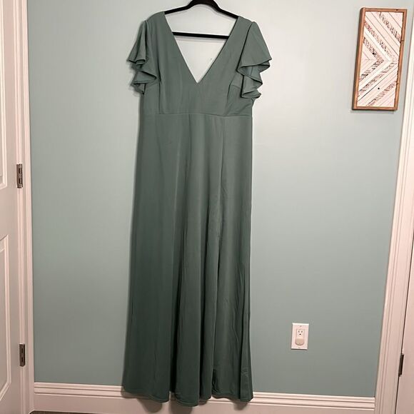 Birdy Grey Hannah Flutter Sleeve Bridesmaid Dress Slit in Sea Green Crepe NWT - Picture 2 of 7